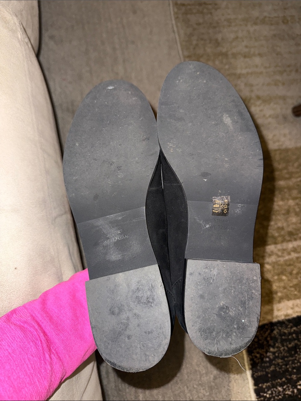 Stuart Weitzman Black Suede Loafers with Gold Horsebit - Picture 2 of 5